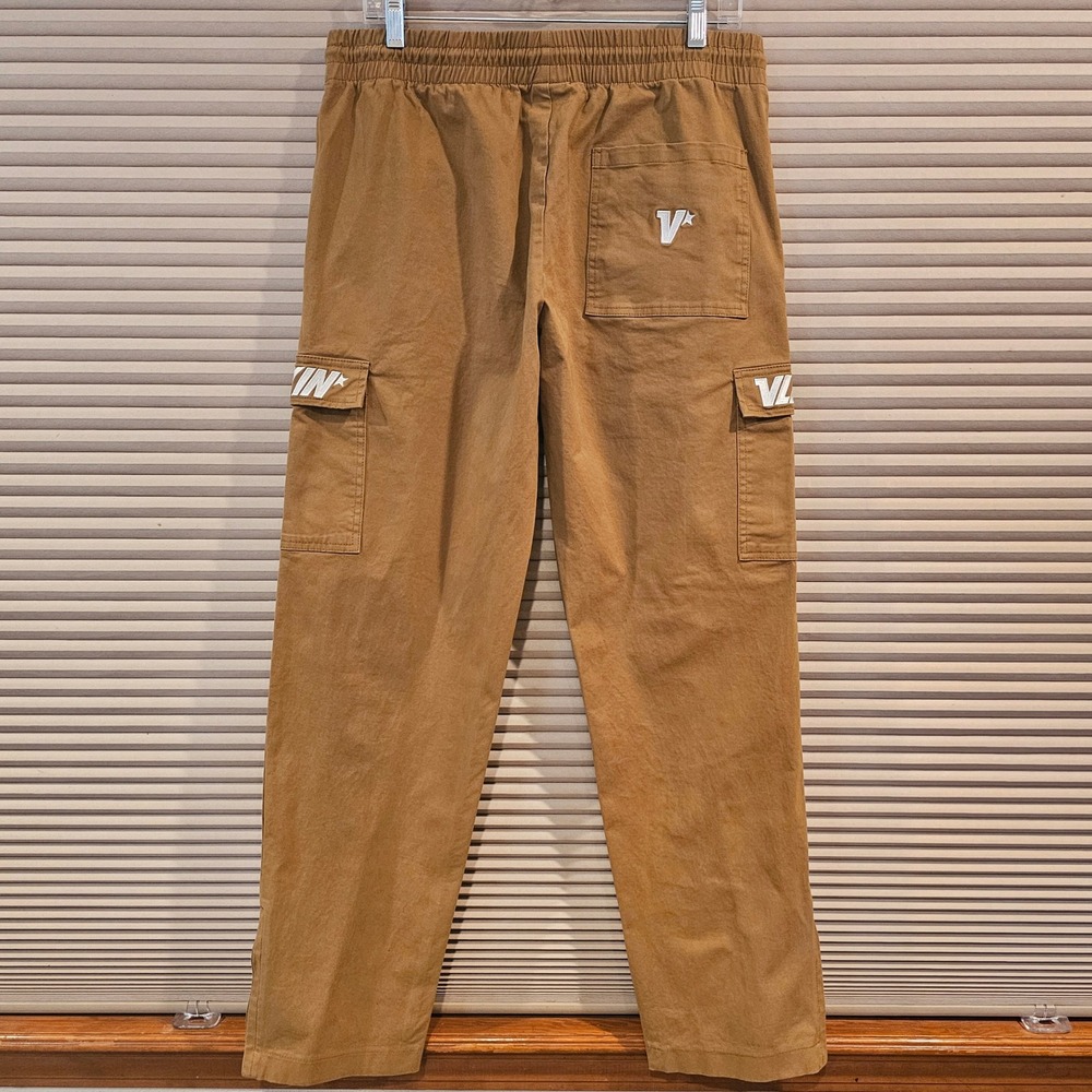 VLEXIN Mens Cargo Pants Camel Tan Embroidered Logo Zipper Ankle Streetwear L